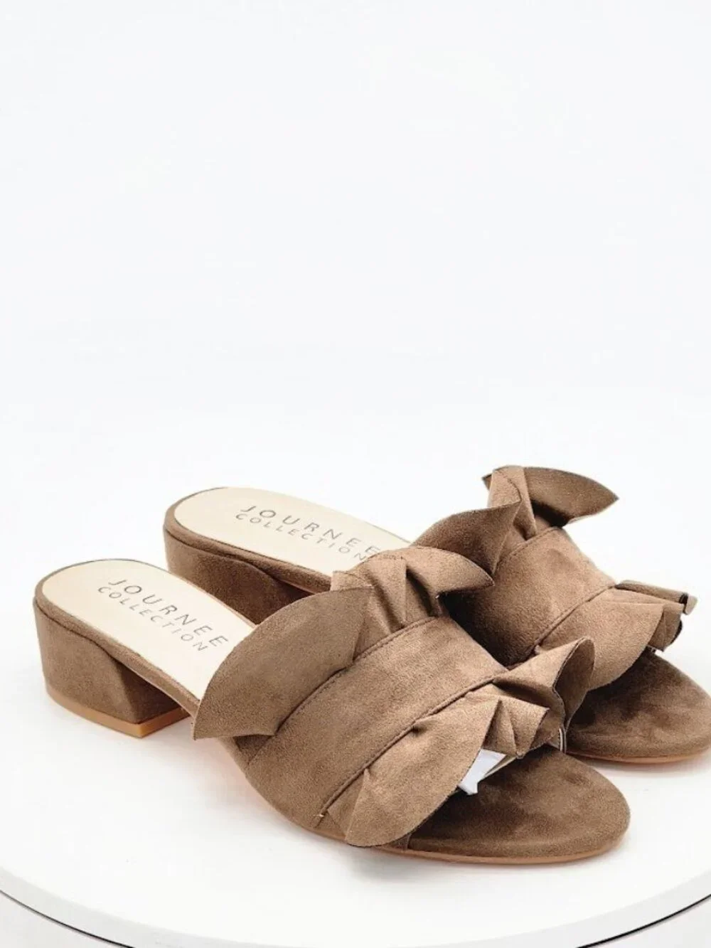 Journee Collection Sabica Taupe Ruffle Slide Sandals Block Heel Women's Size 5.5